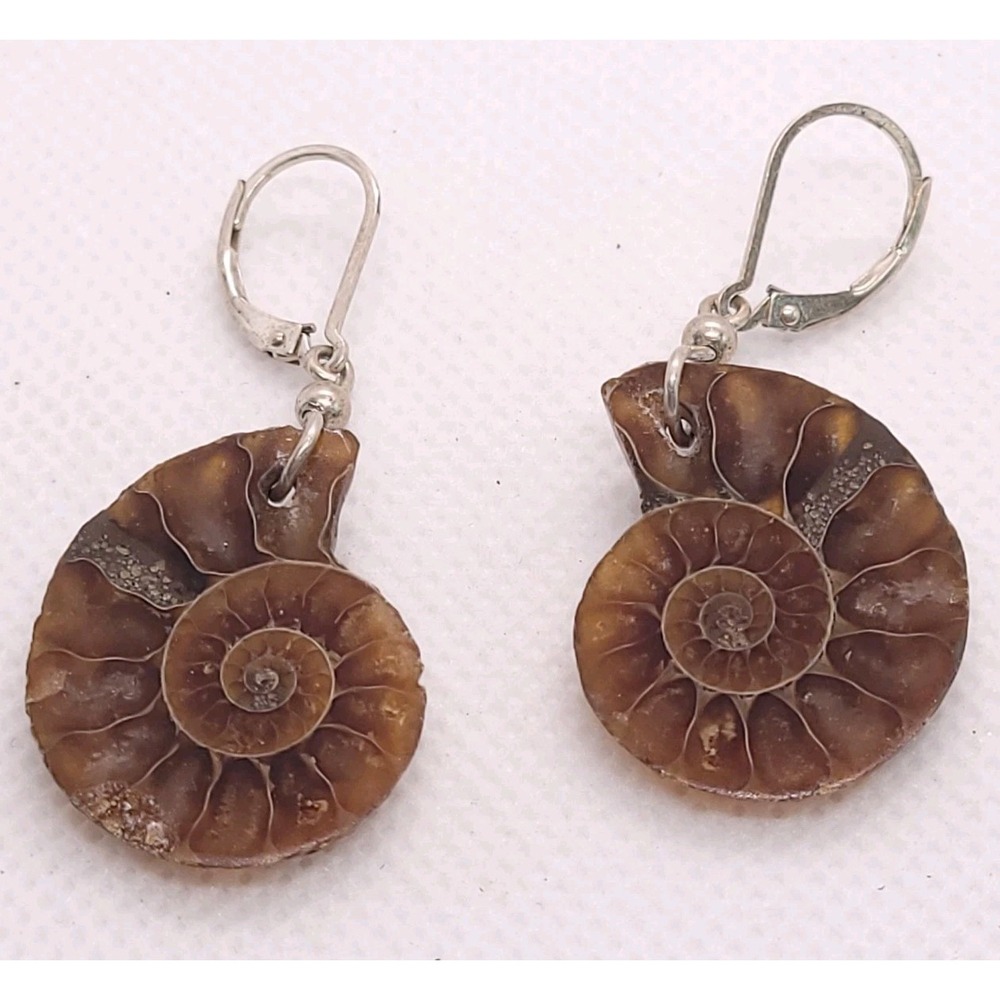 Vintage Style Brown Ammonite Fossil Leverback Dangle Earrings 24mm